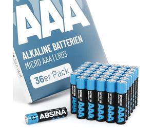 ABSINA Piles AAA Pack Grande 1,5V Alcaline | Lot de 36 Pile AAA longue durée pour télécommande, jouets, réveils et plus encore batterie, triple a, petite, piles LR03
