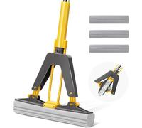 Absorbent Magic Sponge Mop with Built-In Spinner, Sponge Mop with 3 Reusable PVA Sponge Head, Mop for Floor Cleaning