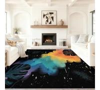Abstraction Onirique Tapis Lavable, Multicolore Univers Feuilles De Monstera Ciel Étoilé à Faible Poil Antidérapant Doux Tapis, pour la Chambre à Coucher, Le Bureau à Domicile, 140 x 200 cm