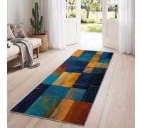 Abstrait Tapis de Couloir Extra Long 80 x 150 cm, Contraste Géométrique Feuille Or Blocs Couleur Lavable Antidérapant Poil Ras Doux Couleur Tapis pour Cuisine Couloir Passage Chambre, Bleu Foncé