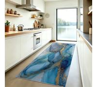 Abstrait Texture Marbre Tapis de Couloir Lavable en Machine, Aquarelle Tourbillon Tapis Poil Ras, Bleu Clair Moquette Antidérapant Doux pour Entrée Cuisine Chambre Salon, 60x240 cm