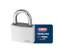 ABUS Cadenas T65AL/40 myLOCK - Aluminium, Inscriptible, Sécurité 5 | Corps aluminium massif, anse acier trempé Nano Protect, verrouillage automatique, 2 clés, 43 x 62 mm, blanc