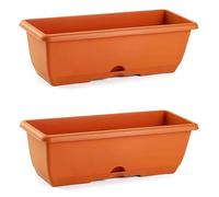 Acan Lot de 2 jardinières en plastique avec soucoupe sans support, 40 x 20 x 17,5 cm, couleur marron, jardinière rectangulaire avec trous de drainage et plateau intégré
