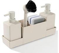 Accessoire de cuisine beige : distributeur de savon avec porte-éponge