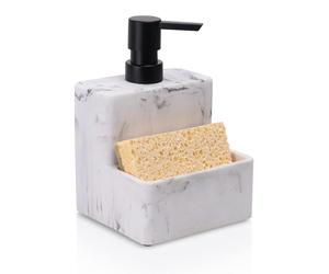 Accessoire de cuisine – distributeur de savon carré aspect pierre, rangement de cuisine pour savon liquide, liquide vaisselle et éponge – distributeur de liquide vaisselle haut de gamme avec bac d'égo