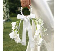 Accessoires de mariage pour la mariée, bouquet de mariée en lys de Calla avec manche en perle de 14 mm et nœud en ruban de satin blanc, sac à main de mariée artificiel en lys de Calla avec franges de