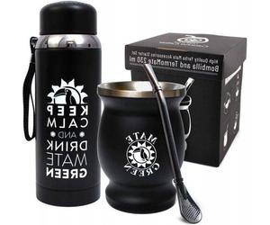 Accessoires pour le thé Yerba Mate | Tasse isotherme double paroi noire - Thermos noir - Paille bombilla