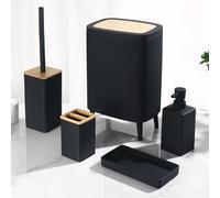 Accessoires Salle de Bain Noir Bambou Decoration Ensemble Salle de Bain | AJEUNGAIN Set de Bain 5 Pièces - Distributeur Savon, Porte Brosse a Dent, Poubelle, Brosses WC et Supports, Plateau