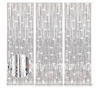 Accevo Brillant Rideau Franges Argenté,3 Pièces 1x2.5M Rideau Métallique Toile de Fond,Rideau Frange Anniversaire Argenté pour la Décoration Anniversaire,Décoration Mariage Rideau Franges.