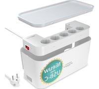 ACCOM 006 Bloc multiprises avec fonction de recharge rapide USB-C, prises de courant 2500 W, interrupteur, 30 x 14 x 14 cm, câble de 2 m, organiseur de câbles, 5 prises de courant, 3 ports de recharge