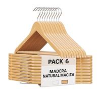 ACCRUX Lot de 6 cintres en bois de couleur naturelle, avec barre antidérapante pour pantalons et costumes, crochet rotatif à 360° et encoches antidérapantes pour robes et blouses (bois, 6 unités)