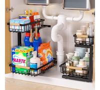 Accwork Lot de 2 Organisateurs Sous Évier Coulissants, Étagère de Rangement 2 Niveaux en L, Hauteur Réglable 35,5-43,5 cm, Paniers en Acier, pour Placard Cuisine, Salle de Bain, Buanderie