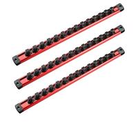 ACEBON Rail Porte-Douilles Magnétique 3/8" Lot de 3, Organisateur de Douilles en Aluminium Rouge avec 42 Clips Noirs, Support de Douilles pour Servante d’Atelier, Garage et Panneau Mural