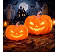 AceOrbit Lot de 2 citrouilles d'Halloween en résine - Lampe citrouille lumineuse avec LED - Décoration lumineuse pour intérieur et extérieur - Fournitures de fête pour chambre à coucher, cheminée