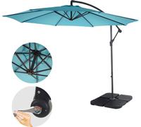 Parasol déporté semi-pro Acerra, protection contre le soleil, 3m inclinable - turquoise avec support