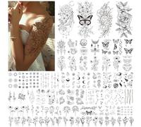 Acevegue 61 Feuilles Tatouages Temporaires, Fleurs, Papillons, Ailes Coquillage, Faux Tatouages Noirs pour Femmes et Filles, Tatouage Ephemere 3D Imperméables pour Enfants et Adultes