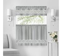 Achim Paige Tier and Valance Window Curtain Set - 55 Width, 24 Length, 1.5 inch Rod Pocket - Silver - Soft Light Filtering Fabric with Geometric Embroidered Pattern & Machine Washable Home Décor