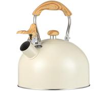 Acier Inoxydable Bouilloire Sifflante Manche Bois 2,5 L | Résistance à Haute Température, Fond Plat, Filtre Inclus, Usage Bureau et Extérieur, Couleur Beige