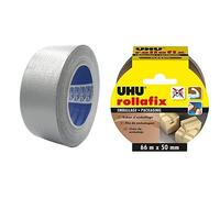 ACIT Ruban toilé américain gris argenté 50 mm x 25 mètres, imperméable, réparations et bricolage, isolant & UHU Rollafix - Ruban adhésif d'emballage brun, 66m x 50mm