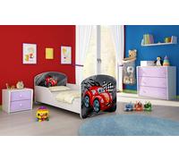 ACMA I Lit d'adolescent Lit d'enfant Lit junior Set complet avec matelas Sommier à lattes Blanc 04 Voiture rouge 180x80