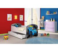 ACMA I Lit d'adolescent Lit d'enfant Lit junior Set complet avec matelas Sommier à lattes blanc 05 voiture blanche 140x70 + coffre de lit