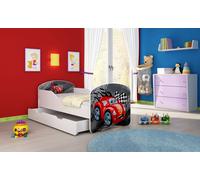 ACMA I Lit d'enfant lit junior set complet avec matelas sommier blanc 04 voiture rouge 140x70 + coffre de lit