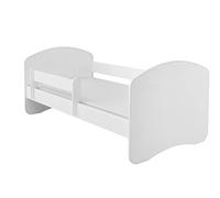 Lit junior ACMA II Lit enfant Lit junior Ensemble complet avec matelas Sommier à lattes et barrière de sécurité Blanc / Blanc 140x70 cm