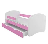 Lit junior ACMA II Lit enfant 140x70 cm Lit junior Ensemble complet avec matelas Sommier à lattes et barrière de sécurité Blanc / Rose, avec coffre de rangement, chambre d'enfant