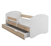 Lit junior ACMA II Lit enfant 160 x 80 Lit junior Ensemble complet avec matelas, sommier à lattes et barrière de sécurité Blanc / Chêne Sonoma, avec coffre de rangement