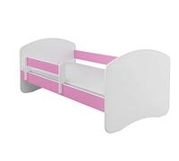 Lit junior ACMA II Lit enfant 160 x 80 cm Lit junior Ensemble complet avec matelas Sommier à lattes et barrière de sécurité Blanc / Rose, chambre d'enfant