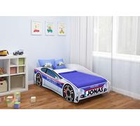 ACMA lit d'adolescent lit d'enfant lit de voiture Junior Cars lit set complet avec matelas, sommier et protection contre les chutes 160x80 cm - police -3 + NOM