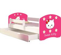 ACMA lit d'adolescent lit d'enfant lit junior set complet avec matelas sommier à lattes et protection contre les chutes blanc 16 Sweet Kitty 2 140x70 + coffre de lit