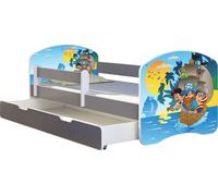 ACMA lit d'adolescent lit d'enfant lit junior set complet avec matelas sommier à lattes et protection antichute gris 21 pirates 160x80 + coffre de lit