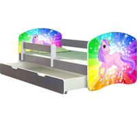 ACMA lit d'adolescent lit d'enfant lit junior set complet avec matelas sommier à lattes et protection antichute gris 18 poney arc-en-ciel 180x80 + coffre de lit
