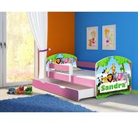 ACMA lit d'adolescent lit d'enfant lit junior set complet avec matelas sommier à lattes et protection antichute Rosa 01 Zoo Nom 140x70 + coffre de lit