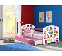 ACMA lit d'adolescent lit d'enfant lit junior set complet avec matelas sommier à lattes et protection antichute rose 31 hibou 160x80 + coffre de lit