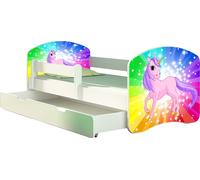 ACMA lit d'adolescent lit d'enfant lit junior set complet avec matelas sommier à lattes et protection antichute blanc 18 poney arc-en-ciel 160x80 + coffre de lit