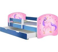 ACMA lit d'adolescent lit d'enfant lit junior set complet avec matelas sommier à lattes et protection antichute bleu 17 poney 160x80 + coffre de lit
