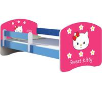 ACMA lit d'adolescent lit d'enfant lit junior set complet avec matelas sommier à lattes et protection contre les chutes bleu 16 Sweet Kitty 2 180x80