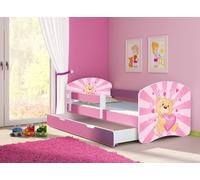 ACMA lit d'adolescent lit d'enfant lit junior set complet avec matelas sommier à lattes et protection contre les chutes rose 10 ourson 140x70 + coffre de lit