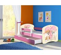 ACMA lit d'adolescent lit d'enfant lit junior set complet avec matelas sommier à lattes et protection antichute rose 12 chiots 160x80 + coffre de lit