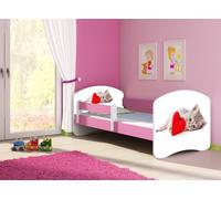 ACMA lit d'adolescent lit d'enfant lit junior set complet avec matelas sommier à lattes et protection contre les chutes rose 40 chat avec cœur 180x80