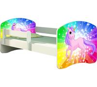 ACMA lit d'adolescent lit d'enfant lit junior set complet avec matelas sommier à lattes et protection antichute blanc 18 poney arc-en-ciel 140x70