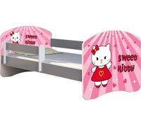 ACMA lit d'adolescent lit d'enfant lit junior set complet avec matelas sommier à lattes et protection antichute gris 15 Sweet Kitty 140x70