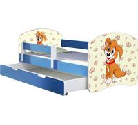 ACMA lit d'adolescent lit d'enfant lit junior set complet avec matelas sommier à lattes et protection antichute bleu 11 chiot 160x80 + coffre de lit