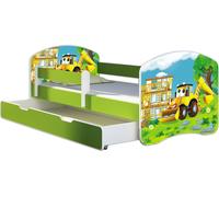 ACMA lit d'adolescent lit d'enfant lit junior set complet avec matelas sommier à lattes et protection antichute vert 20 Bagger 180x80 + coffre de lit