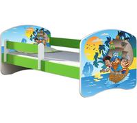 ACMA lit d'adolescent lit d'enfant lit junior set complet avec matelas sommier à lattes et protection antichute vert 21 pirates 180x80
