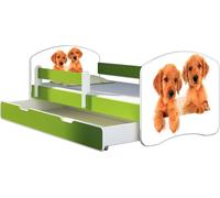 ACMA lit d'adolescent lit d'enfant lit junior set complet avec matelas sommier à lattes et protection antichute vert 39 chiots 180x80 + coffre de lit