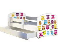 ACMA lit d'adolescent lit d'enfant lit junior set complet avec matelas sommier à lattes et protection antichute blanc 31 hibou 160x80 + coffre de lit