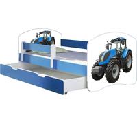 ACMA lit d'adolescent lit d'enfant lit junior set complet avec matelas sommier à lattes et protection antichute bleu 42 tracteur 140x70 + coffre de lit